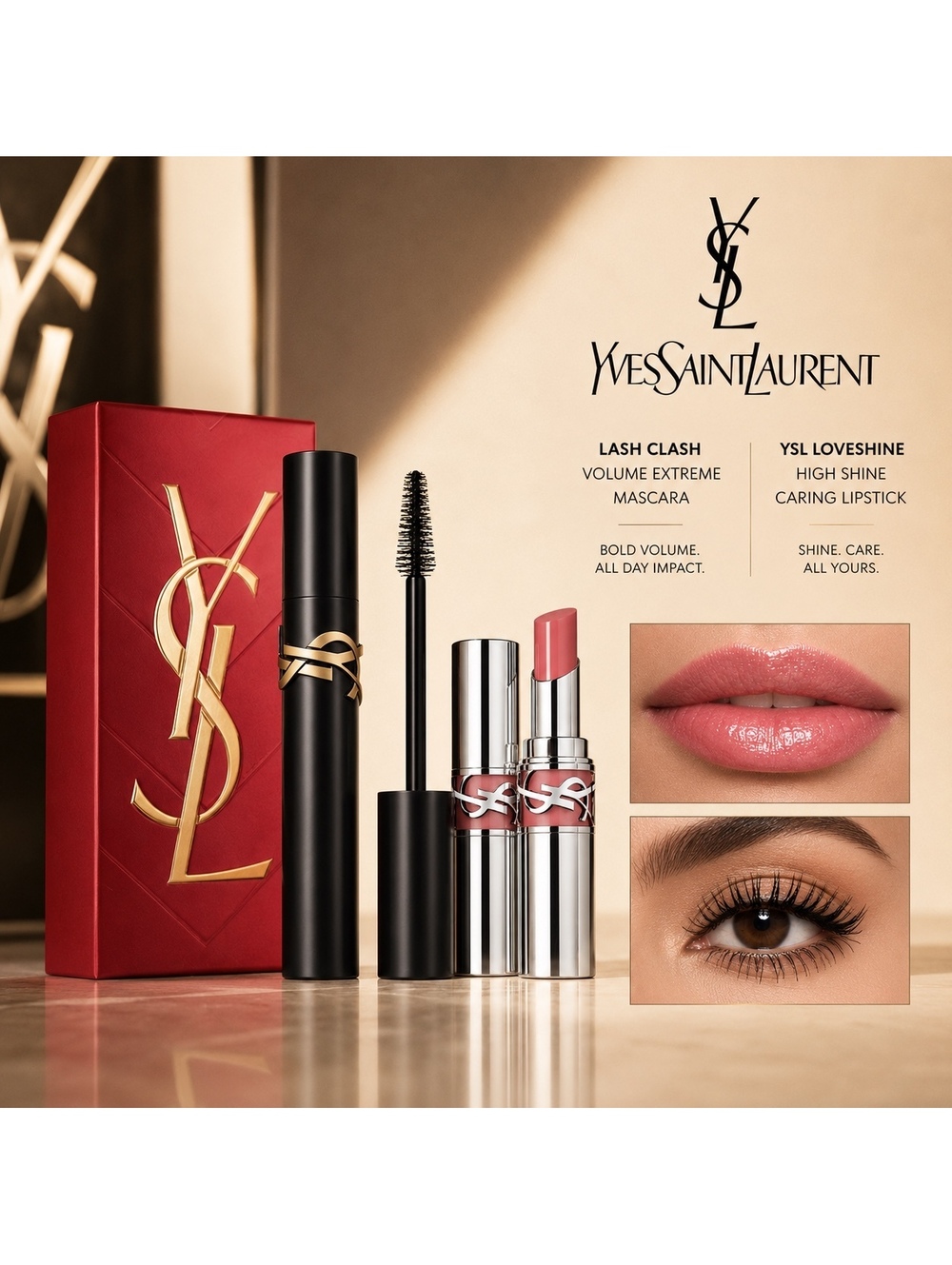 Yves St. Laurent -YSL- 2 Pc Set • Lash Clash Mascara & Loveshine Lipstick NEW